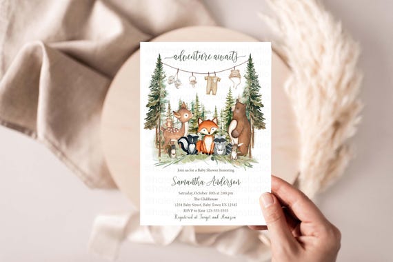 Woodland Baby Shower Invitation, Woodland Adventure Awaits, Baby Items Invitation, woodland animals invitation, Forest Baby shower