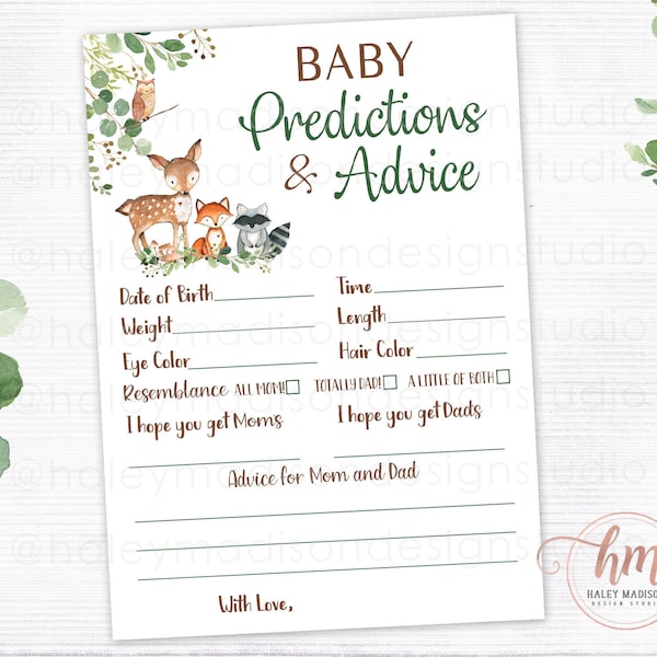 Woodland Baby Advice and Predictions game, Woodland baby shower game, gender neutral woodland baby shower, baby shower game PRINTABLE FILE