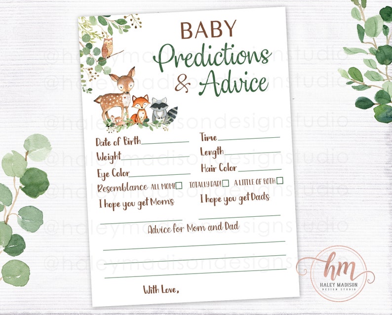 Woodland Baby Advice and Predictions game, Woodland baby shower game, gender neutral woodland baby shower, baby shower game PRINTABLE FILE image 1