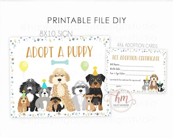 PRINTABLE Puppy Party Adopt a Puppy Sign Adoption Cards, Adopt a Doggie Sign, Puppy Party Favor Decor Sign, Adoption Cards