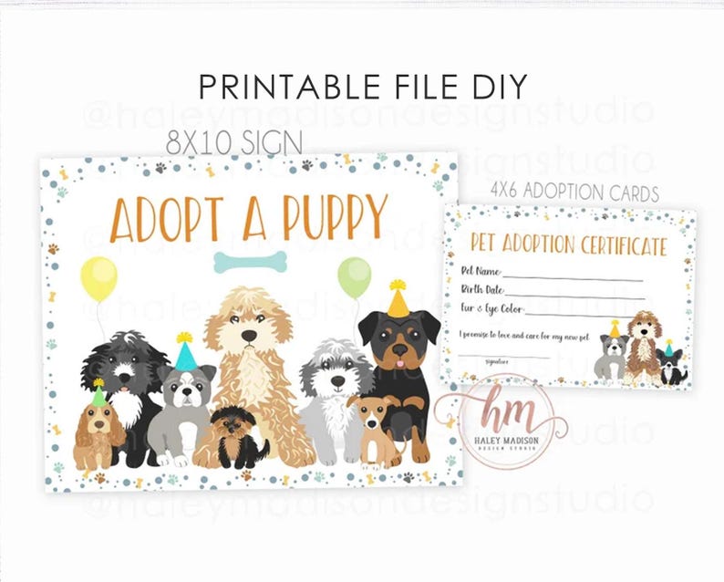 PRINTABLE Puppy Party Adopt a Puppy Sign Adoption Cards, Adopt a Doggie ...