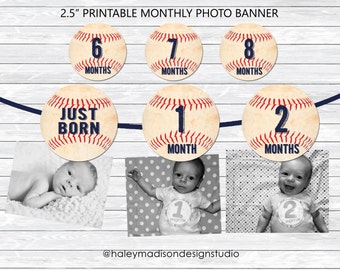 12 month Baseball photo birthday banner, Baseball Montly photo banner, Baseball First Birthday Party banner decoration, Baby's first year