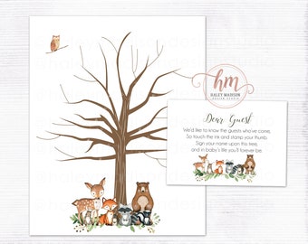 Woodland Baby shower Thumbprint sign, Guest Thumbprint sign, Fingerprint Tree DIGITAL FILES HM111