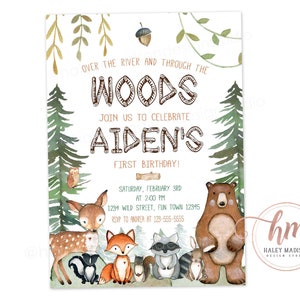Woodland Birthday Invitation, Woodland Birthday party invite, Over the river and through the woods invitation, woodland animals invite