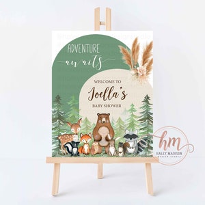 Woodland baby shower Welcome sign, Woodland greenery welcome sign, Woodland baby shower sign, Boho Pompas Grass Adventure awaits sign