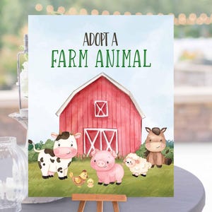 May include: A red barn with a white door and windows. The sign says "Adopt a Farm Animal". There are cartoon images of a cow, pig, sheep, and horse in front of the barn.