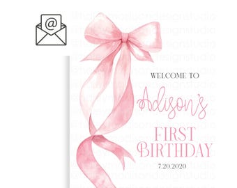 Cartel Primer Cumpleaños Niña - Decoración Con Lazo Rosa - Pancarta De Fotos "1 Año" - Para Fiesta Infantil
