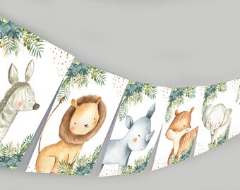 Jungle Animals Banner, Safari Jungle Animals sign Jungle baby shower banner, Jungle birthday party banner, Gold Jungle, Girl Jungle HM952