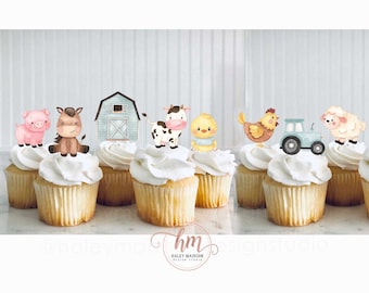 Set of 12 Farm Cupcake Toppers, Barnyard Animals cupcake toppers, Farm Birthday food picks, Floral Farm baby shower Gender Neutral Farm