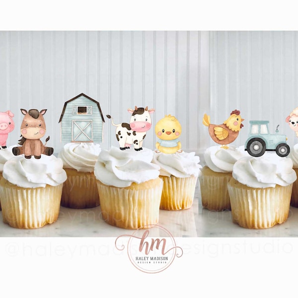 Set of 12 Farm Cupcake Toppers, Barnyard Animals cupcake toppers, Farm Birthday food picks, Floral Farm baby shower Gender Neutral Farm