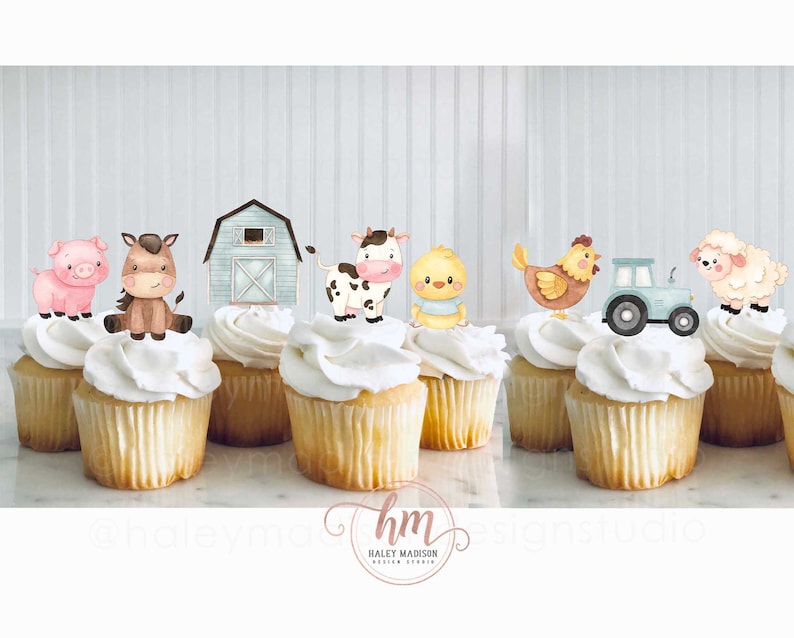 May include: Set of 10 farm animal cupcake toppers. The toppers feature a pig, horse, cow, chick, chicken, tractor, sheep, and a blue barn. The toppers are perfect for a farm-themed party.