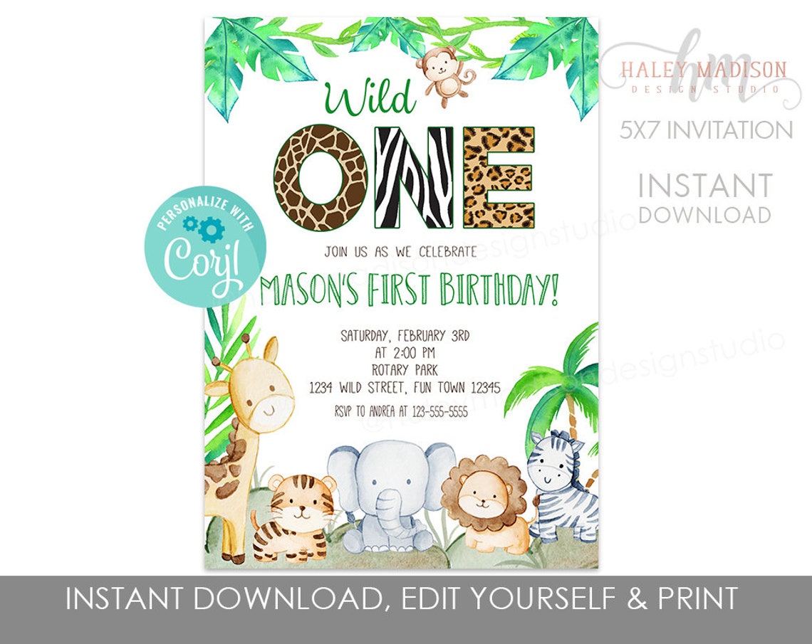EDITABLE Jungle First Birthday Invitation Jungle Safari - Etsy