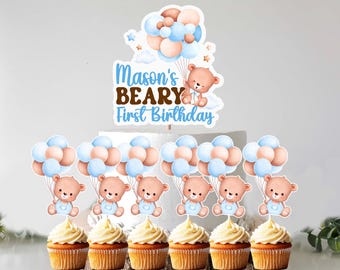 Teddy Bear Cake Topper and Cupcake Topper Bundle, 1 personalized cake topper & 24 cupcake toppers Bears Birthday Party cake decorations