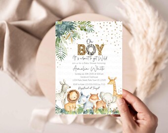 Jungle Baby Shower Invitation, Safari Baby Shower Invitation, Gold Baby Shower jungle invitation, Boy Jungle Baby Shower Invitation HM952