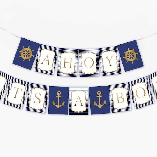 Nautical Ahoy It's a Boy banner, Nautical baby shower banner, Blue and gold Nautical Baby Shower banner, Nautical baby shower sign HM386