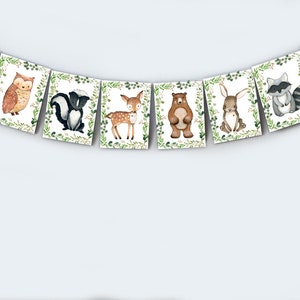 May include: A woodland animal themed banner with a fox, owl, skunk, deer, bear, rabbit, raccoon, and squirrel. Each animal is illustrated in a watercolor style with green foliage surrounding them.