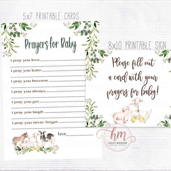 Farm Prayers for Baby Cards and Sign, Greenery Farm Baby Prayers, Baby Shower prayer cards, Farm baby wishes, gender neutral PRINTABLE HM596