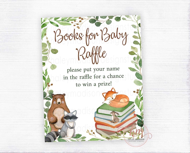 Book Raffle Table Sign Woodland Books for Baby Raffle Sign, Woodland Baby Shower Games, Book ...
