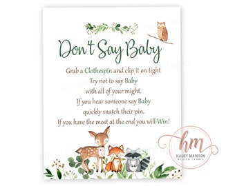 Woodland Don't say Baby game sign, woodland baby shower game, Woodland Clothespin game, woodland baby shower game sign PRINTABLE FILE