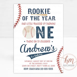 Rookie Year Baseball Invitation, Baseball first birthday Invitation, baseball invite, little slugger invitation, Rookie of the Year Invite