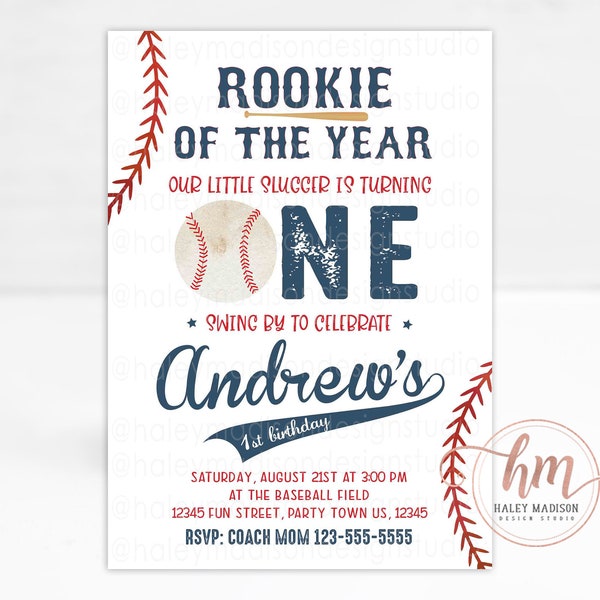 Rookie Year Baseball Invitation, Baseball first birthday Invitation, baseball invite, little slugger invitation, Rookie of the Year Invite