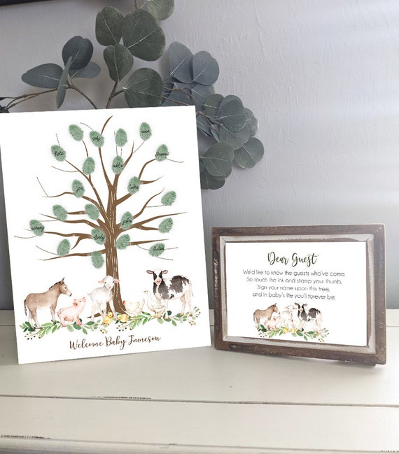 Farm Baby Shower Thumbprint Sign, Farm Baby Shower Guest Book, Farm animals gender neutral baby shower decorations, Farm Guest Sign HM596