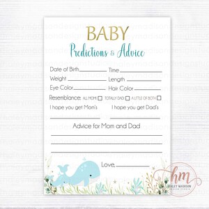 Jeu de conseils et prédictions de bébé baleine, jeu de baby shower baleine, baby shower non sexiste, jeu de baby shower fichier imprimable HM239