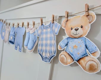 Blue Teddy Bear Baby Shower banner, Baby Clothes sign