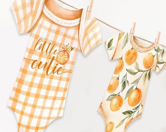 Little Cutie bodysuit banner, Orange Baby shower sign