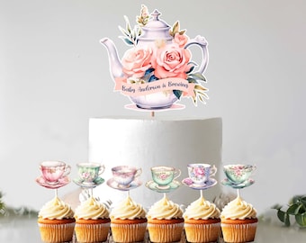 Tea party Cake Topper and Cupcake Topper Bundle, 1 personalized cake topper & 24 cupcake toppers Tea Pot cups Birthday Party cake decor