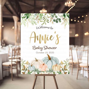 Blue Pumpkin Baby shower Welcome Sign, Fall Welcome Sign, Pumpkin Baby Shower sign, Greenery Pumpkin baby shower, BLUE Pumpkin sign, HM313
