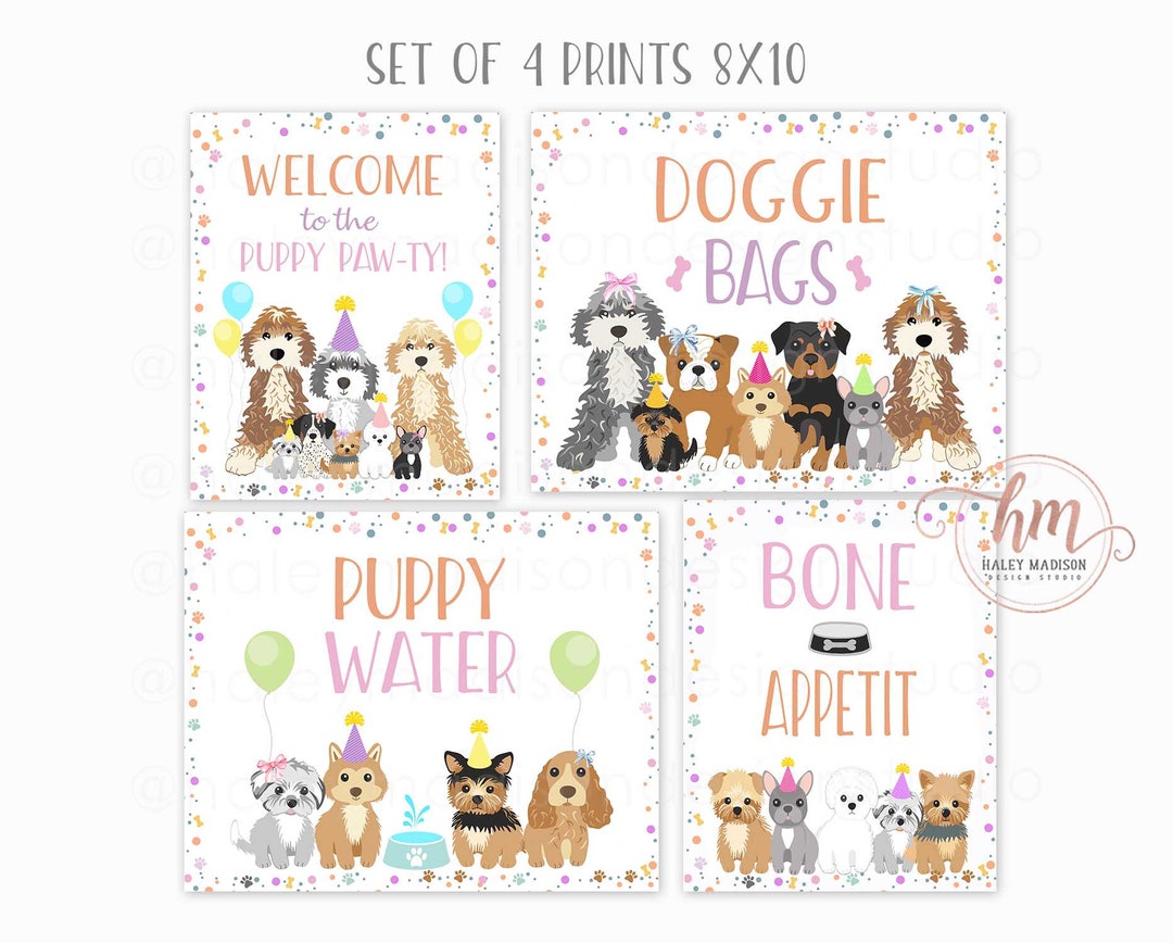Pawkies Sign Set of 4 Puppy Party 8x10 PINK Signs, Bone Appetit, Puppy Water ...