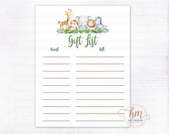 PRINTABLE Jungle Gift List, Jungle baby shower Gift list, Safari baby shower Gift tracker, Safari Birthday party, Jungle gift list HM952