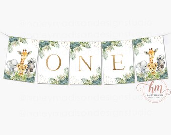 Jungle High Chair Banner, Safari first birthday ONE banner sign, Jungle first birthday party deocrations, jungle gold banner, safari HM952