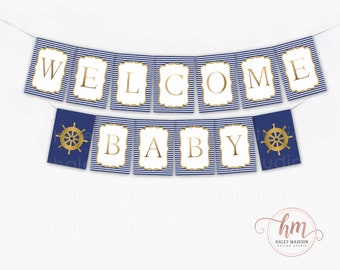 Nautical Welcome Baby Banner Baby Shower Banner, Nautical Baby Shower, Nautical baby shower, Nautical Baby Name Banner, Welcome Banner HM386