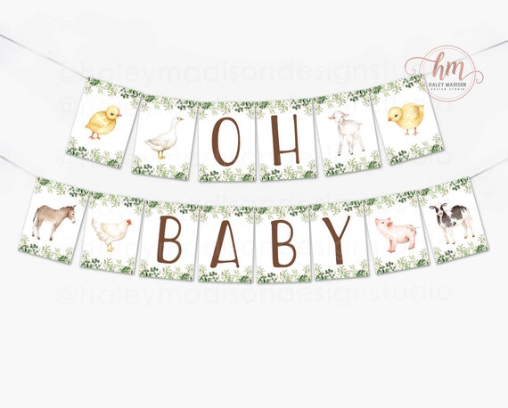 Farm Oh Baby Banner, Farm Animals Banner, Farm baby shower banner, Farm baby shower decorations, Gender Neutral and Floral Baby Banner HM596