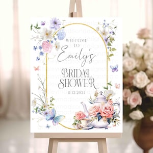 Tea Party Bridal Shower Welcome sign, Butterfly Baby Shower Welcome sign, blue Pink flowers welcome sign, Baby Shower decoration sign