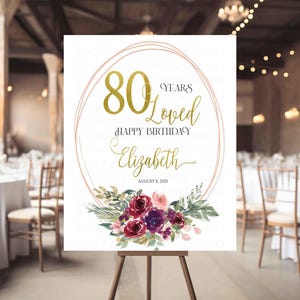 Willkommensschild zum Geburtstag, Burgundy Blush rosa Blumengeburtstag Willkommensschild, 80er, 70er, 90er Jahre geliebt Willkommen Geburtstagsschild