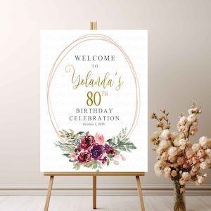 Willkommensschild zum Geburtstag für Erwachsene, Burgunderrotes rosa Blumengeburtstagsschild, Willkommensschild zum 80er, 70er, 90er Geburtstag, blaues Blumen, lila Blumen