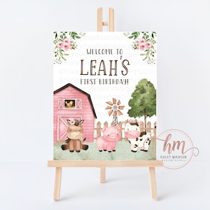 Letrero de bienvenida de cumpleaños de granja floral, cumpleaños de granero, cumpleaños floral de granja, animales de granja, tablero de póster de cumpleaños de granero, primer cumpleaños de granja