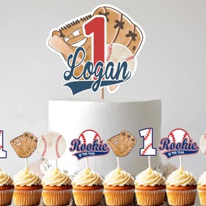 Baseball Cake Topper and Cupcake Topper Bundle, 1 personalized cake topper & 24 cupcake toppers Rookie Year Party cake decorations