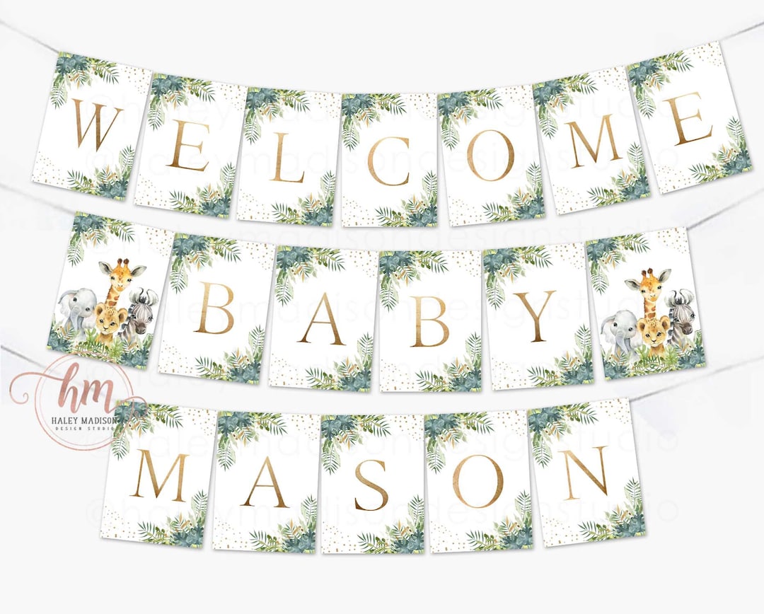 Jungle Gold Baby Banner, Jungle Baby Shower Sign, Baby Name Banner Gender