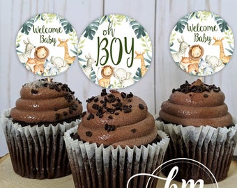 12 Jungle cupcake toppers, Jungle baby shower cupcake toppers, It's a boy, safari baby shower toppers, Jungle shower decoration HM952