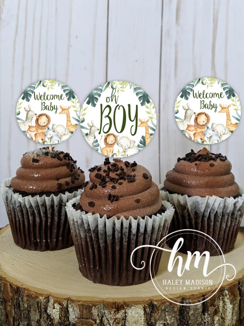 May include: Three chocolate cupcakes with chocolate sprinkles on top, each topped with a round baby shower cupcake topper. The toppers feature a jungle animal theme with the text "Welcome Baby", "Oh Boy", and "Welcome Baby".