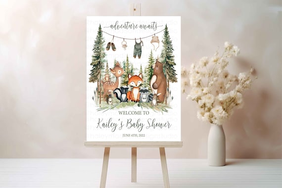 Forest Baby Shower Welcome sign, Adventure Awaits Woodland Baby shower welcome, Baby Items baby shower welcome sign