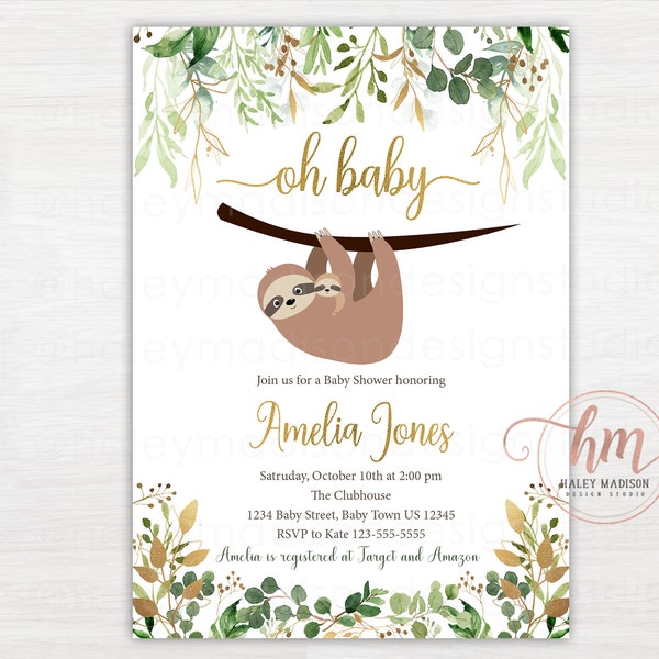 Sloth Baby Shower Invitation, Sloth baby Invitation, Sloth gender neutral baby shower Invitation, Sloth mom and baby invitation, HM988