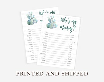 Succulent Baby Shower Who's My Mommy Game, Baby Shower Games, Floral Baby Shower BLUE Animal Mom Game  PRINTED and SHIPPED HM452