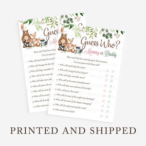 Floral Woodland Baby Shower Game, Guess Who Mommy or Daddy Woodland game, Girl Woodland Baby Shower game card, PRINTED and SHIPPED