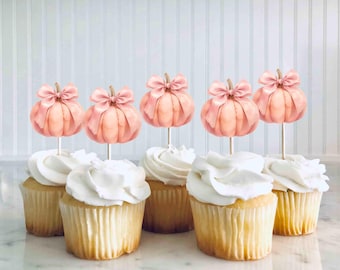 Pink Pumpkin Cupcake Toppers, Set of 12, Fall Party Decorations