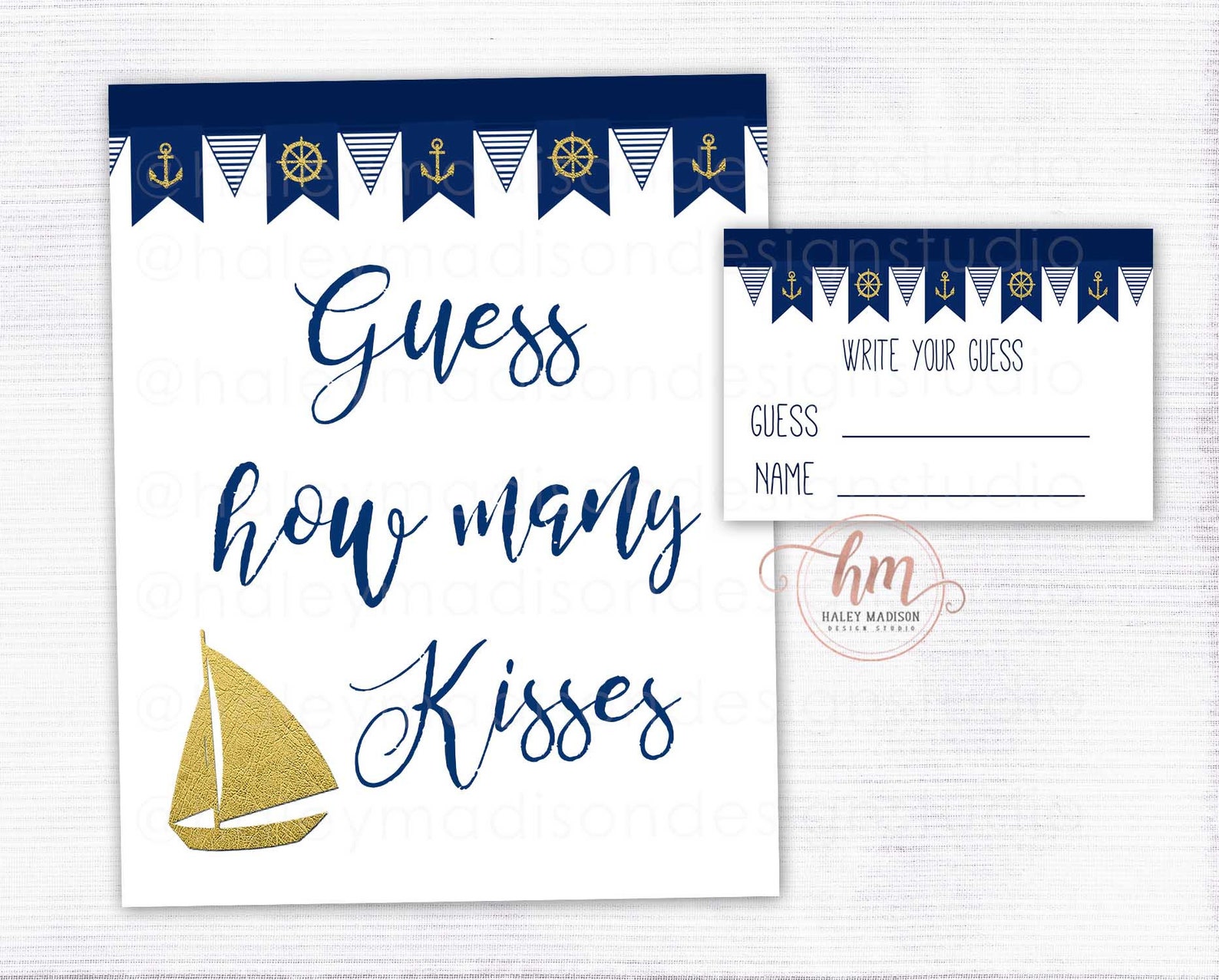 Nautical Guess How Many Kisses Sign, Nautical Baby Shower Game Sign ...